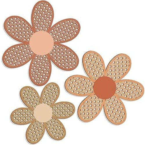 Maitys 3 Pieces Boho Daisy Wall Decor Natural Rattan Flower Wall Hanging Art Wooden Boho Art Nursery Flowers Farmhouse Hanging Decor for Home Office Nursery(Fresh Color)