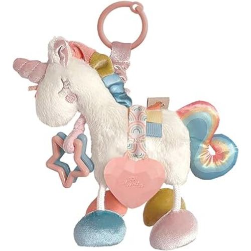 Itzy Ritzy Link & Love Toy for Stroller, Car Seat or Activity Gym, Features Textured Ribbons, Crinkle Sounds, Clinking Rings & Silicone Teether, Unicorn