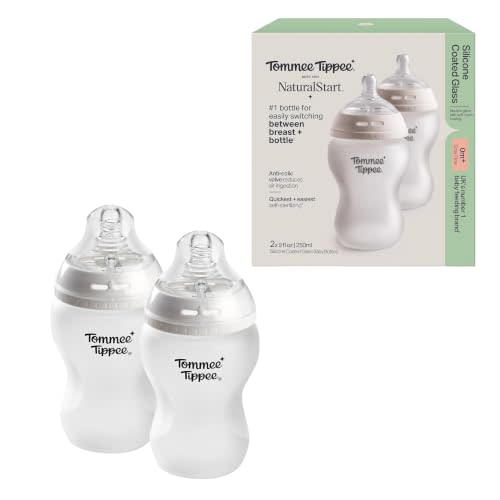 Tommee Tippee Silicone Coated Glass Baby Bottles, Anti-Colic, 0m+, 9oz | Pack of 2, Slow Flow Breast-Like Nipple, Shatter-Proof Glass, BPA Free