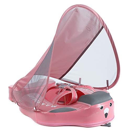 Mambobaby Float with Canopy – Baby Swim Float with Tail, Non-Inflatable Solid Baby Float, Upgraded Soft Waterproof Skin-Friendly Leather Infant Swim Float (Deluxe Edition Pink)