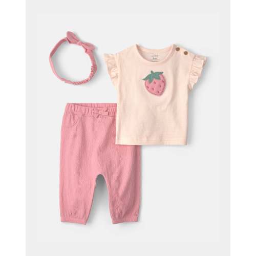 Baby Girl 3-Piece Strawberry Top & Pant Set - Pink