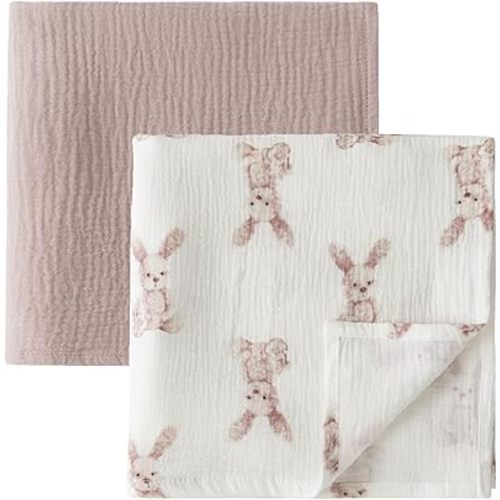 Little Jump 2-Pack Cotton Muslin Swaddle Blankets for Baby Boys Girls - Boho Baby Blanket for Boys & Girls- Large 47 x 47 inches Receiving Blanket Neutral (Bunny)