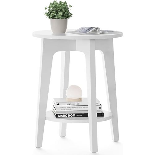 VASAGLE MAEZO Collection - Side Table, 2-Tier Small Round End Table, Nightstand with Tapered Legs, Curved Transitions, for Small Spaces, Living Room, Bedroom, Cloud White ULET283T14
