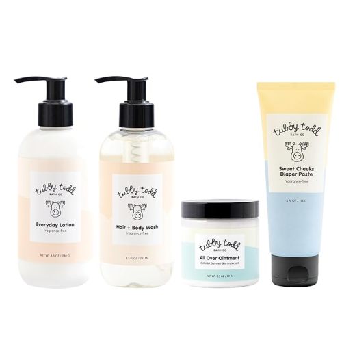 TUBBY TODD Baby Bath & Skincare Kit - The Baby Bundle - Shampoo and Body Wash, Everyday Lotion 8.5 Oz, All Over Ointment 3.5 Oz & Diaper Paste Cream 4 Oz Gift Set - Fragrance-Free