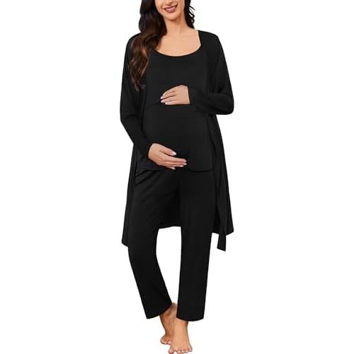 SWOMOG Maternity Nursing Robe Set 3 PCS Postpartum Pajamas Breastfeeding Labor Delivery with Robe & Camisole & Pants
