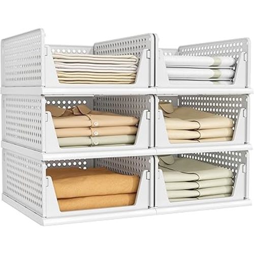 Pinkpum 6 Pack Closet Organizers Storage Bins, Stackable Plastic Drawer Basket for Clothing, Stackable Storage Bins Shelf Storage Container for Closet Wardrobe Bedroom Bathroom Office White