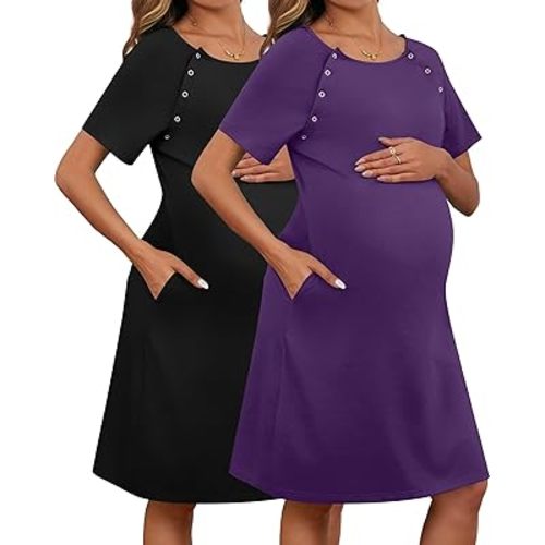 Huukeay 2 Pack Labor and Delivery Hospital Gown Women Nursing Birthing Maternity Dress 3 In1 Breastfeeding Buttons Pjs Robe