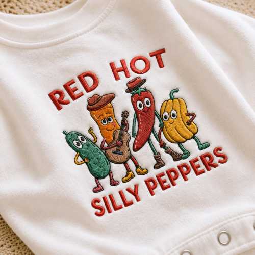 Red Hot Silly Peppers Funny Rock Band Embroidered Baby Romper, Retro Music Toddler Outfit, Newborn Bodysuit, Aesthetic Chili Infant Gift