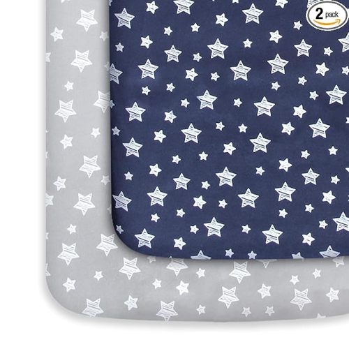 Pack and Play Sheets Boy, Mini Crib Sheets Boy, Stretchy Pack n Play Playard Fitted Sheet, Compatible with Graco Pack n Play, Soft and Breathable Material, Grey & Navy