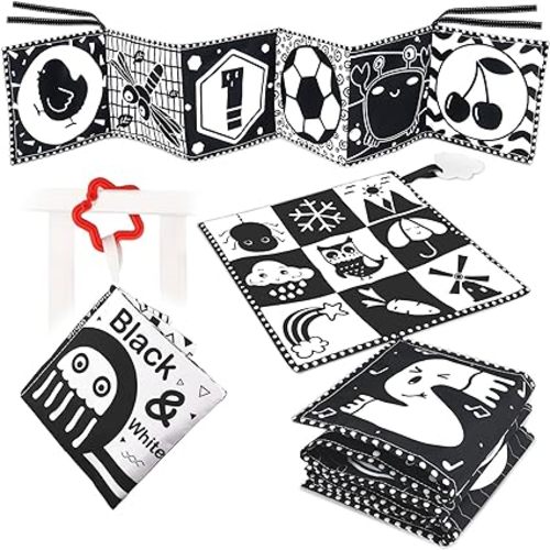 KUANGO 3 PCS Black and White High Contrast Baby Toys Newborn Toys 0-6 Months, Visual Stimulation Sensory Soft Book, Infant Tummy Time Toys 0-3-6 Months Baby Gifts