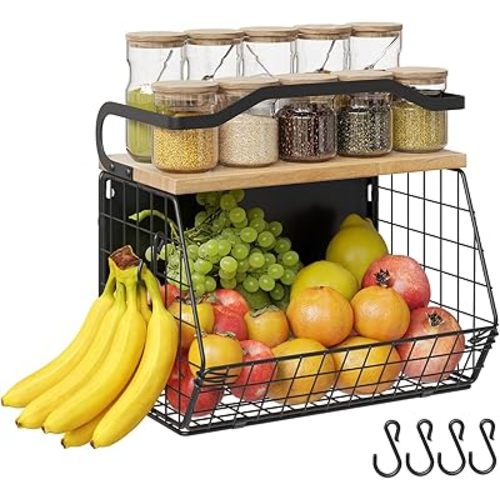 Magnetic Shelf for Fridge with Wood Lid, Heavy Duty Fruit Basket, Fruit Potato and Onion Storage Bins, Magnetic Spice Rack for Refrigerator, Black Hanging Wire Basket for Kitchen Counter