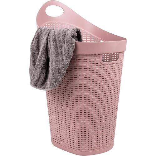 Mind Reader Basket Collection, Mobile Laundry Hamper, 60 Liter (15g/33lbs) Capacity, Cut Out Handle, Ventilated, Integrated Castor Wheels, Pink