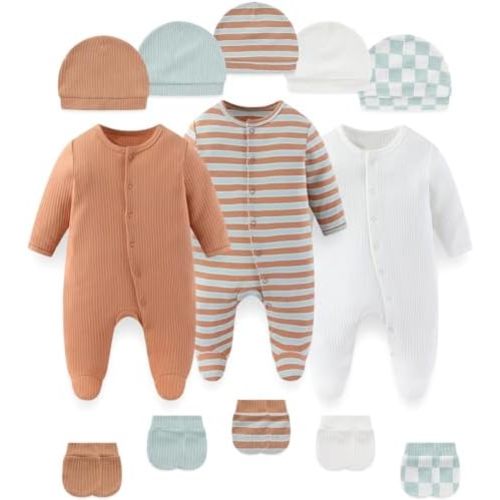 falianni Fashion Baby Boy Girl Clothing Set Cotton Soft 3-Piece Long Sleeve Button Rompers 5-Pack Hats&Gloves Infant Clothes