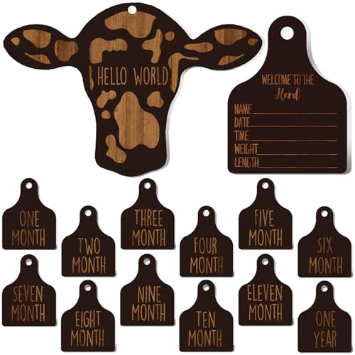 Maitys 14 Pieces Cow Baby Monthly Milestone Cards Rustic Wooden Ornament Herd Signs Cattle Newborn Photography Props to Record Your Baby's Growth, Gift for Pregnancy and Baby Shower (Black)