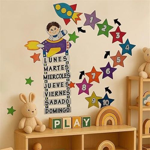 Spanish Days of The Week & Number Wall Decal Stickers Kids Peel and Stick Removable Room décor Rocket Astronaut & Stars Classroom playroom Decorations Educational Bedroom Nursery Decor