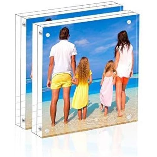 Meetu Acrylic 5x5 Picture Frame 2 Pack Clear Two Sided Desk Photo Frame Magnetic Frame Inner Size 4x4 with Gift Pack for Display Family Pictures Baby Photos Friends Pictures Pet Dog Picture
