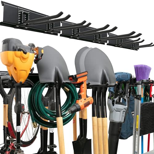 Garage Tool Organizer Wall Mount, 48", 3 Racks 6 Hooks, 300 lbs | 300 lbs, anti-rust carbon steel, garden tool organizer & storage rack for garage organization, shovels, rakes & tools