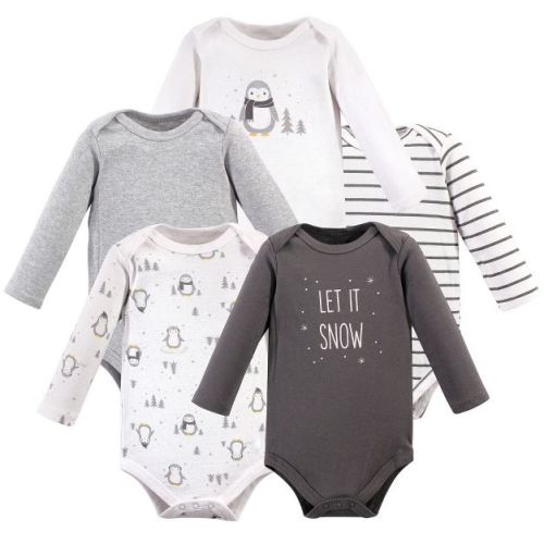 Hudson Baby Basics Infant Baby Cozy Long Sleeve Bodysuits 5-Pack, Snowy Penguin, 0-3 Months