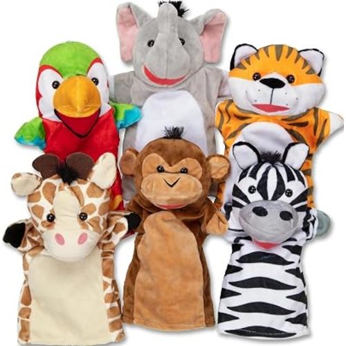 Melissa & Doug Safari Buddies Hand Puppets, Set of 6 (Elephant, Tiger, Parrot, Giraffe, Monkey, Zebra) Soft, Plush Puppet, Stuffed Animals, Pretend Play Toddler Toys for Girls & Boys 2+