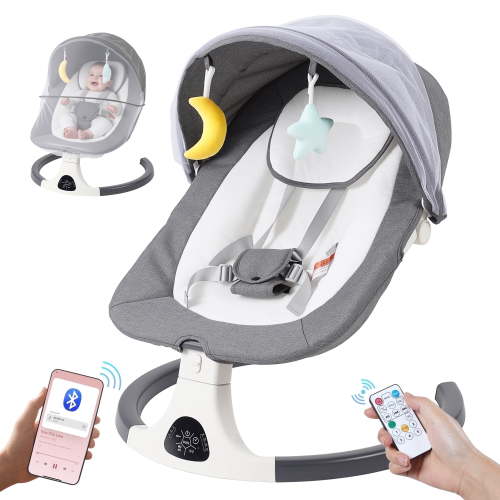 SACVON Baby Swing with Bluetooth Music & Remote, 5-Speed Portable for 0-6 Month Indoor Outdoor Use,Dark Gray