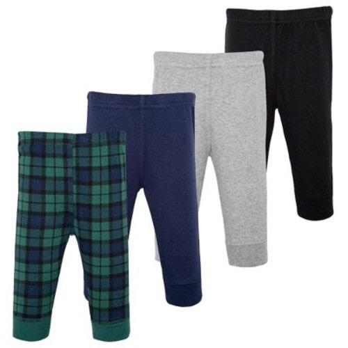 Hudson Baby Basics Infant Boy Comfy Cotton Pants 4-Pack, Forest Plaid, 0-3 Months