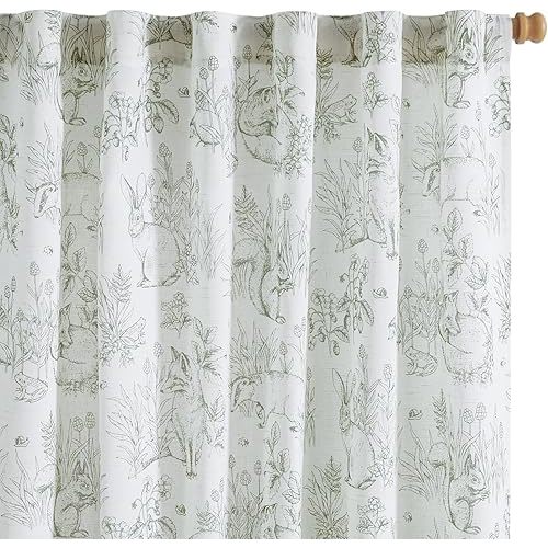 Vangao Easter Sage Green Nursery Curtains for Kids Room Linen Curtains 84 Inch Long Farmhouse Drapes with Bunny Woodland Wildlife Print Light Filtering French Country Forest 2 Panels