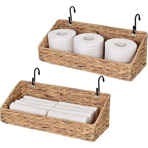 StorageWorks Woven Wall Baskets for Storage, Water Hyacinth Baskets for Shelf, Wall Storage for Kitchen and Bathroom, Hanging Baskets for Organizing, 2 Pack