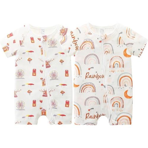 Unisex Summer Trendy 2-Pack Rompers Short Sleeve Zipped Bodysuit Infant Cotton Outfits