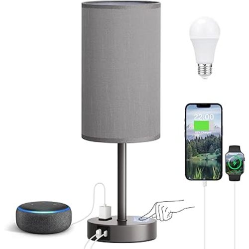 Fenmzee Grey Nightstand Bedroom Lamp - 3 Way Dimmable Bedside Lamp USB C A Charging Ports and AC Outlet, Small Table Lamp Linen Lampshade for Office Desk