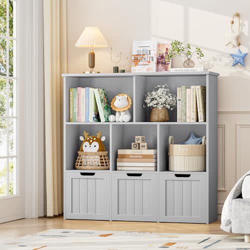 FOTOSOK Toy Storage Organizer with 3 Movable Drawers, Floor Storage Cabinet Toy Organizer with Hidden Wheels and 5 Storage Cubbies, Multifunctional Toys Chest for Playroom, Grey