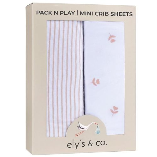 Ely’s & Co. Pack and Play Sheets, for Mini/Portable Crib, 2 Pack Fitted Playpen Play Yard Sheet Set Compatible with Graco Pack n Play, for Baby Girls, 100% Cotton, Pink Tulips and Stripes, 38”x24”x5”