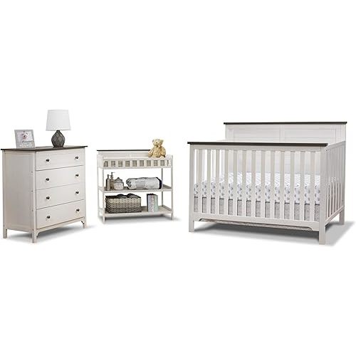 Sorelle Furniture Farmhouse 3-Piece Nursery Set with 4-in-1 Convertible Crib, 4-Drawer Dresser, and Changing Table with Shelves, Baby Furniture Made of Wood, Non-Toxic Finish-Chocolate and White