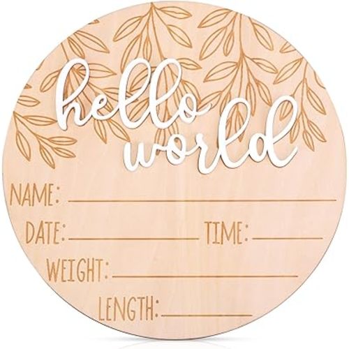 Gosknor Wooden Hello World Newborn Sign, Welcome New Baby Announcement Plaque, 15x0.3cm, Nature-Themed, Wall Mount or Tabletop, 1 Count
