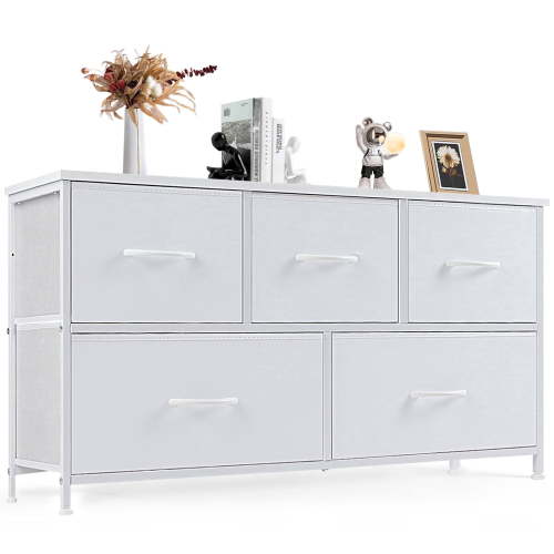 CONCETTA Dresser 5 Fabric Storage Drawer Dresser, TV Stand, Chest of Drawers for Bedroom, Closet, Entryway, Living Room, White