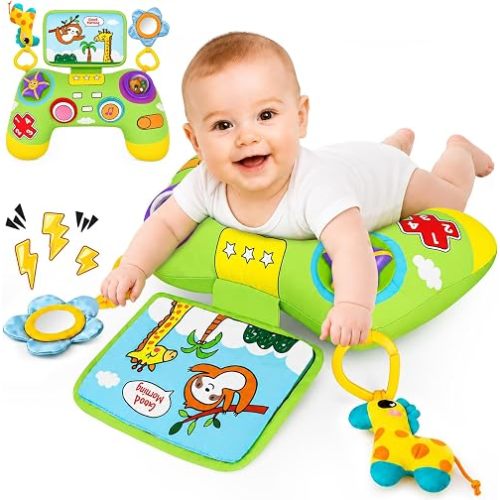 USATDD Tummy Time Pillow with Game Controller Shape Montessori Sensory Toy, Baby Tummy Time Toys with Crinkle Cloth Book, Rattle, Baby Safe Mirror, Gamer for Babies 0-6 Months