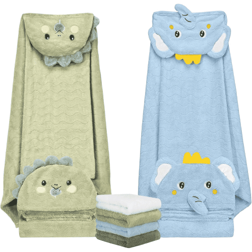 6 Pcs Toddler Bath Towel Set for Boy Girl 0-5 Year, 2 Thick Absorbent Hooded Baby Bath Towels Large 55" x 27.5" & 4 Washcloths, Gifts for Infant, Toddler, Kids, Dinosaur & Elephant