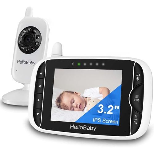 HelloBaby Video Baby Monitor with Camera and Audio, 3.2Inch LCD Display, Infrared Night Vision, Two-Way Audio and Room Temperature Monitoring,Lullaby,Sound Activated Screen