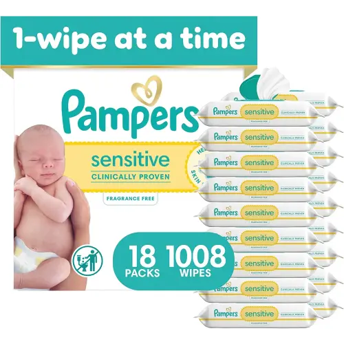 Pampers Sensitive Baby Wipes, Clinically Proven, Fragrance Free, Unscented, Water Based, Hypoallergenic, Multi-Use, Hand Wipes 1008 Wipes Total (18X Flip-Top Packs) [Packaging May Vary]