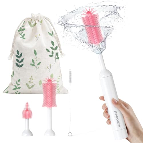 SEANCHEER S02 Electric Bottle Brush Set, Portable Baby Bottle Brush Cleaner, AA Battery-Powered & IPX7 Waterproof, with Silicone Bottle/Nipple/Straw Brush, for Home & Travel (Pink)