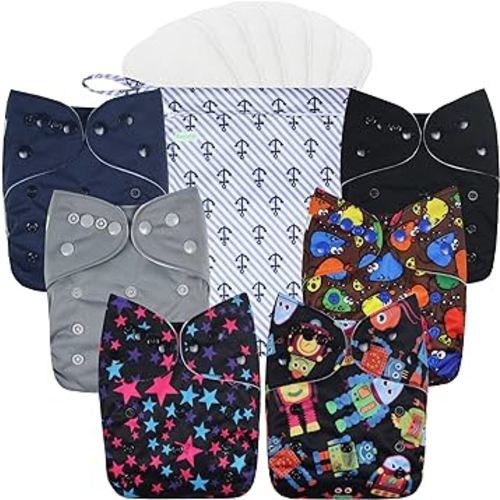 wegreeco Cloth Diapers 6 Pack with 6 Inserts, Washable Cloth Diapers for Babies, One Size Adjustable Reusable (with 1 Wet Bag,Boy Prints)