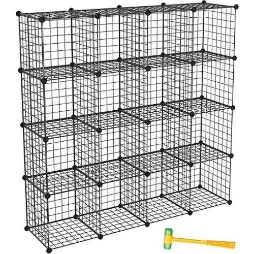TUMUCUTE Wire Storage Cubes, Metal Storage Shelves Bookshelf, Stackable Modular Closet Organizer for Bedroom Living Room, Office, Black (16 Cubes, Iron)