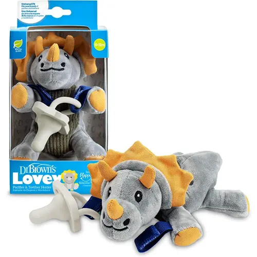 Amazon.com : Dr. Brown's Baby Lovey Pacifier & Teether Holder, Triceratops with Grey HappyPaci, 100% Silicone, 0-6m : Baby