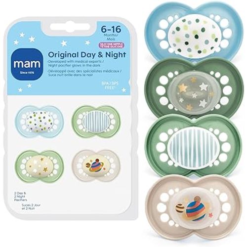 MAM Original Baby Pacifiers 6-16 Months, Binky for Newborn Babies, BPA-Free Skin Soft Silicone Nipple, Glows in The Dark, Developed with Medical Experts, 4 Count, Made in Europe