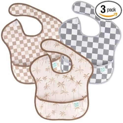 Bumkins Bibs for Girl or Boy, SuperBib Baby and Toddler for 6-24 Months, Essential Must Have for Eating, Feeding, Baby Led Weaning Supplies, Mess Saving Catch Food, 3-pk Palms and Checks