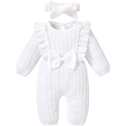 Happy Town Baby Girl Romper Infant Fall Winter Clothes Ruffle Sweater Long Sleeve Bodysuit Jumpsuit and Headband