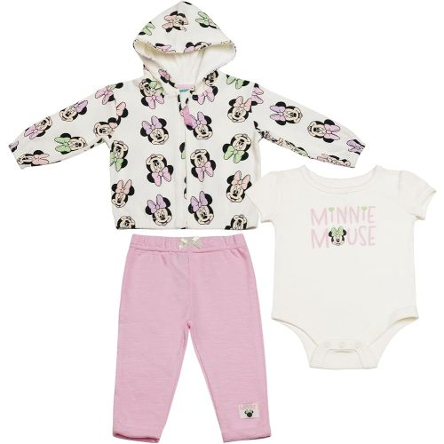 Magic Threadz Disney Clothes Baby Girls 3-Piece Layette Set – Minnie Mouse Outfit Set with Jacket, Bodysuit & Pants (0M–9M)