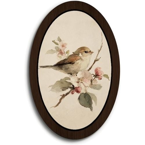 OCFMUHFP Vintage Floral Bird Framed Wall Art Decor, Cottagecore Sparrow Oval Wall Hanging, Rustic Farmhouse Botanical Painting for Living Room Bedroom Bathroom, 9x14.5 in