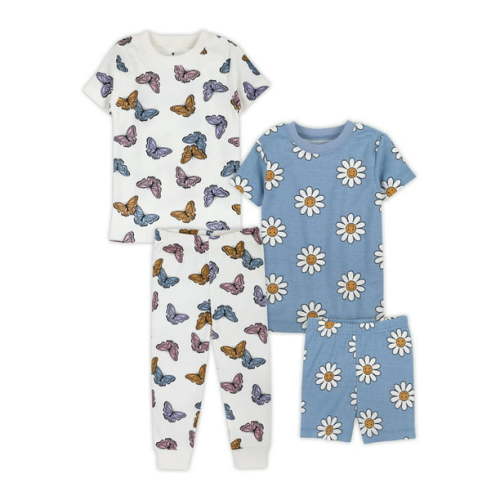Little Star Organic Baby & Toddler Girls 4Pc Short Sleeve Snug Fit Sleepwear, Size 9 Months-5T