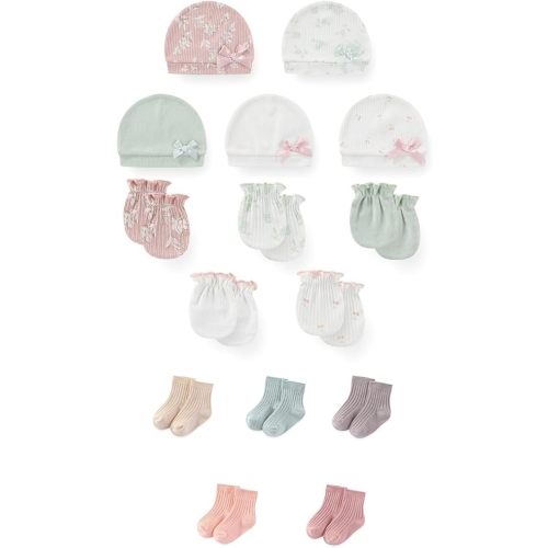 JELYLOVE 15 Pack Unisex New Born Boy Girls No Scratch Mittens Sets Cotton Soft Baby Gloves Hats socks Accessory 0-6 Months