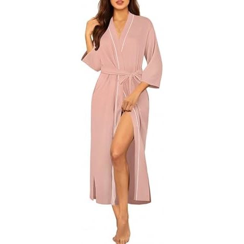 Ekouaer Robes for Women Long Knit Bathrobe Lightweight 3/4 Sleeves Kimono Robe Soft Sleepwear with Pockets S-XXL